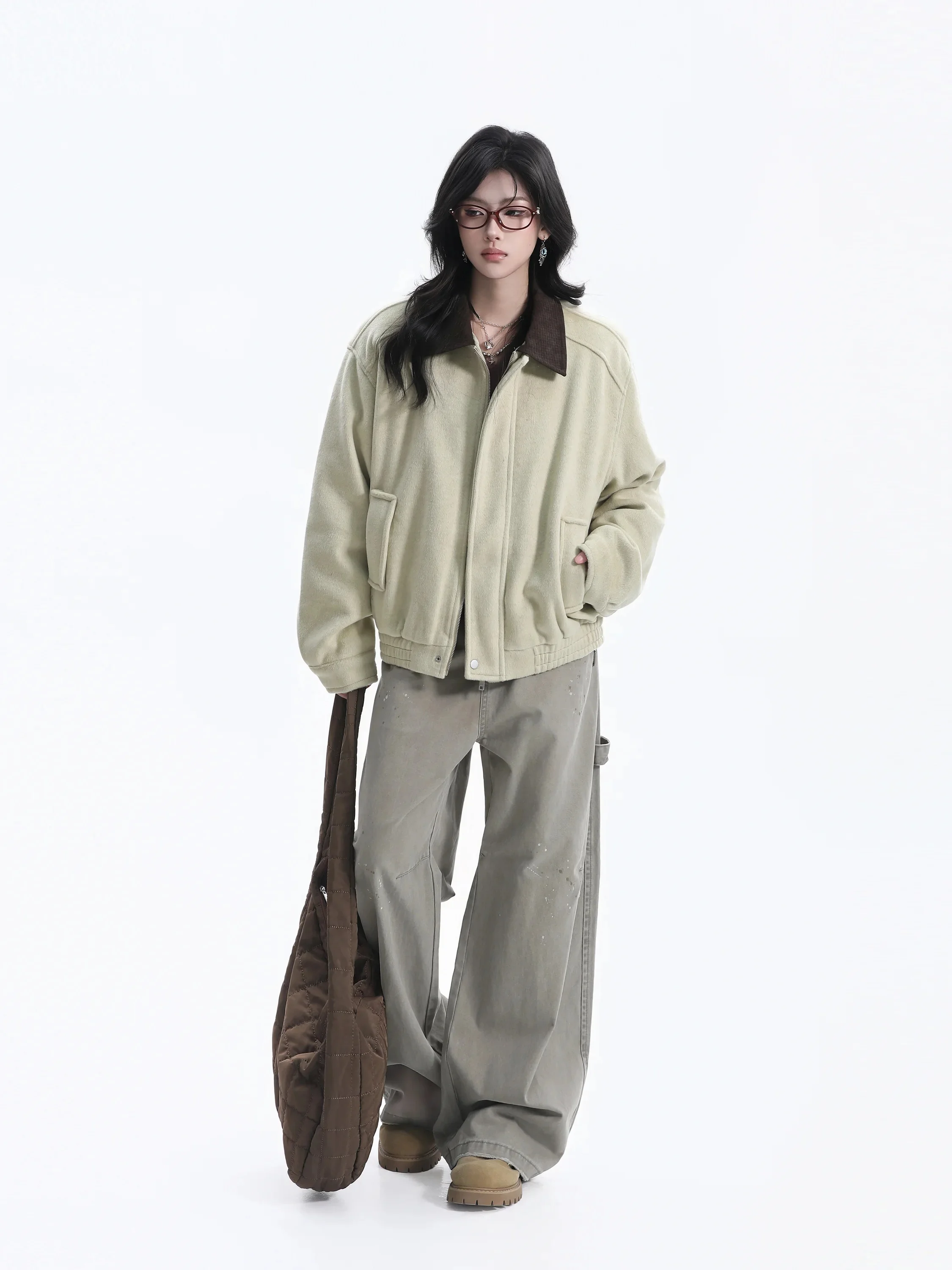 Retro Color Block Woolen Jacket Women Loose Shoulder Slouchy American Style Couple Outerwear Turn down Collar Long Sleeve