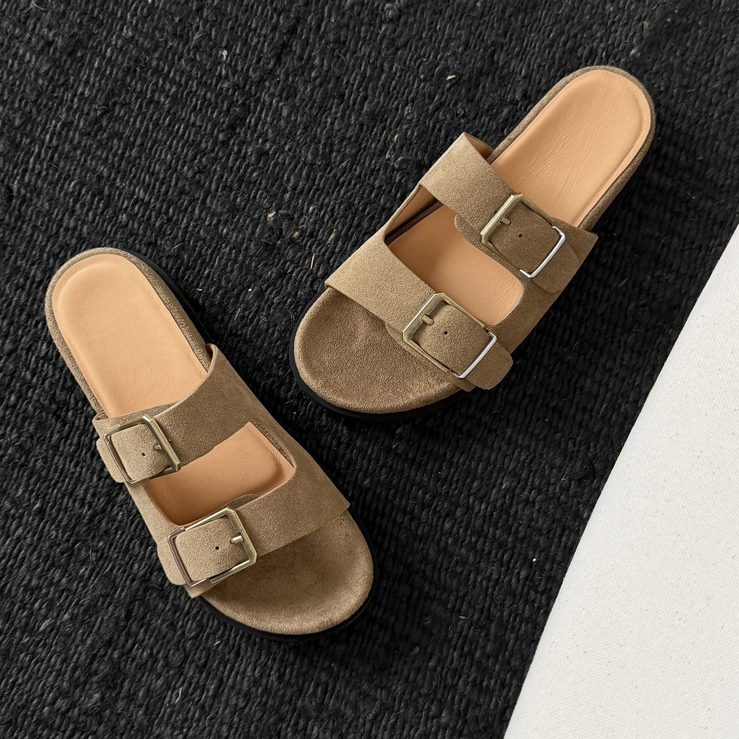 

﻿ Genuine Leather Cowhide Suede Flat Women Slippers,Double Metal Buckles Summer Women Sandals Female Casual Womens Shoes