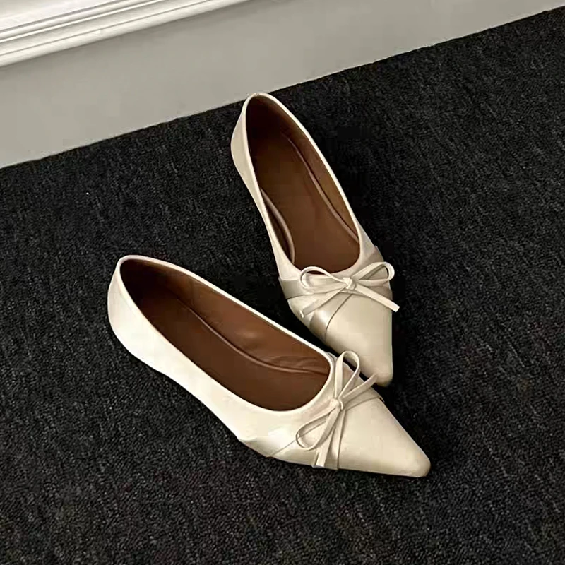 Luxury Satin Silk Bowtie Ballet Flats Woman Pointed Toe Inner Height Ballerina Shoes Ladies Elegant Evening Party Shallow Loafer