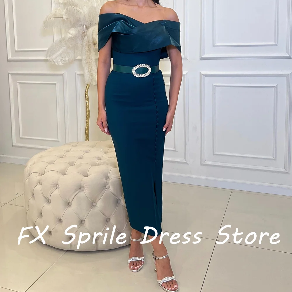 Off the Shoulder Strapless Sheath Belt Tea Length Jersey Crystal Buttons Backless Elegant Evening Dresses Bespoke Occasion Gowns