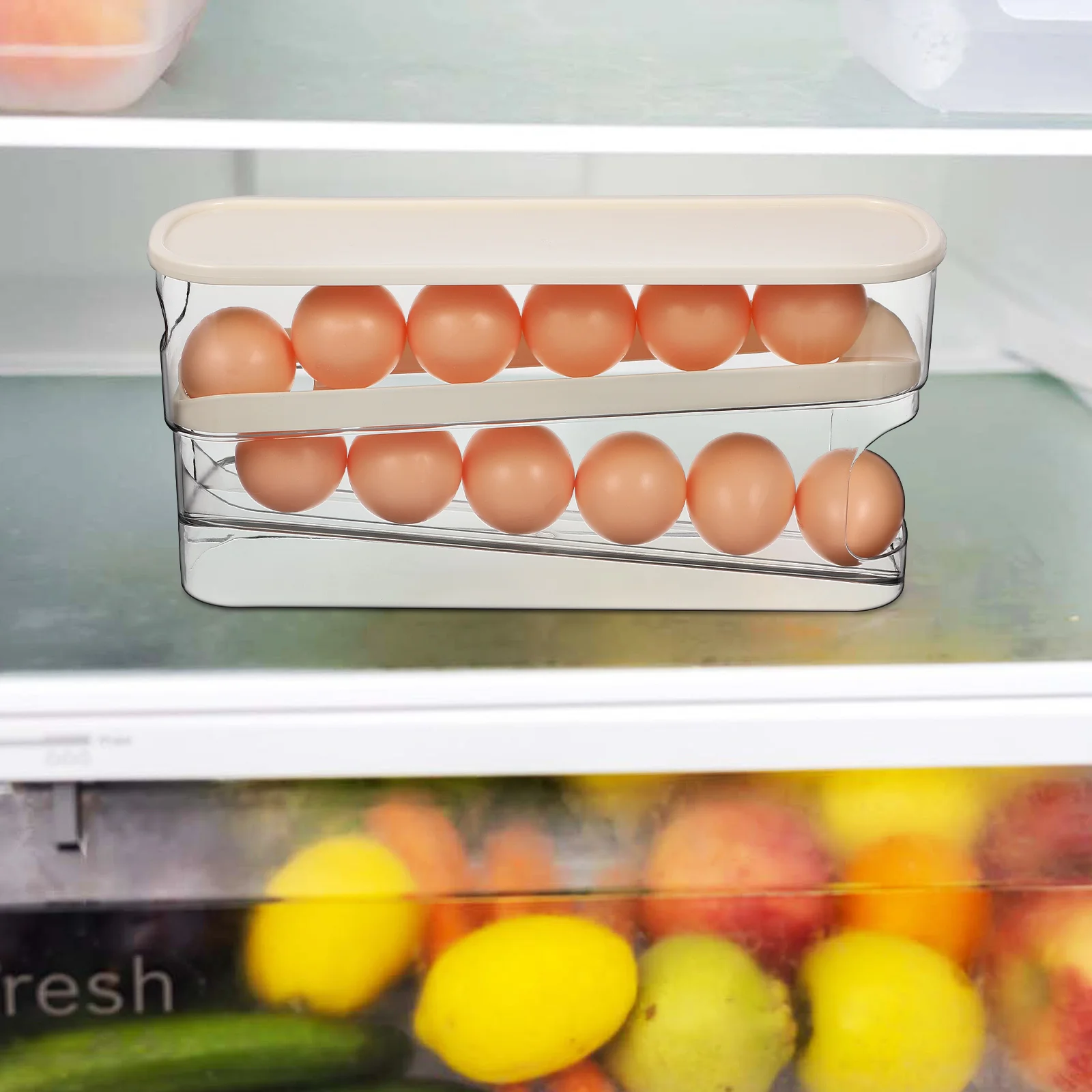 

1pcs Egg Organizer For Fridge Rolling Dispenser Kitchen Storage Holder Refrigerator Organizer Egg Container With Lid