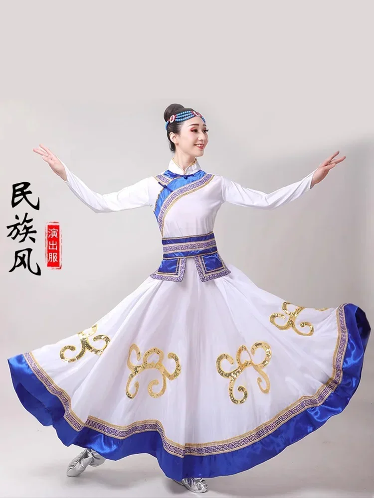 Mongolian big swing dress performance red long Mongolian clothing female performance clothing white Zhuoma 3-piece set