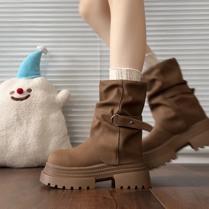 

Women's Winter Brown Ankle Boots British Retro Stacked Boots Chunky Block Heel for Loose Fit Pants