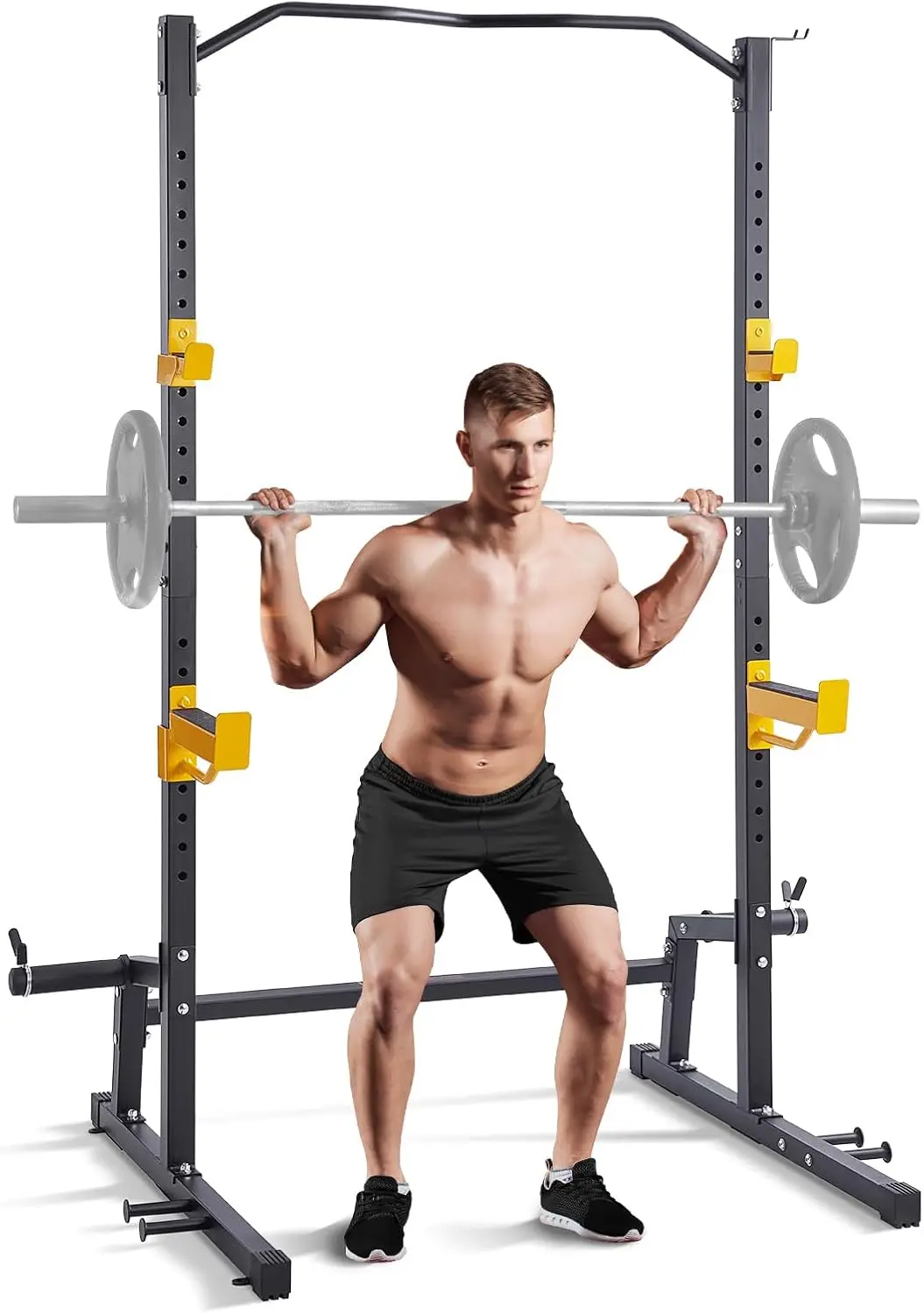 

Squat Stand Power Rack, Multi-Functional Power Rack with Pull up Bar, Hook, and Weight Plate Storage Attachment