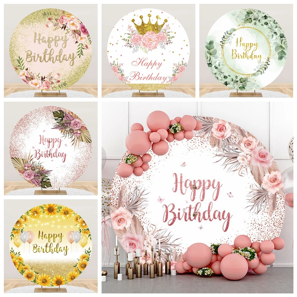 Happy Birthday Round Backdrop Cover Gold Glitter Bohemia Flowers Kids Adults Birthday Party Decor Circle Photography Background