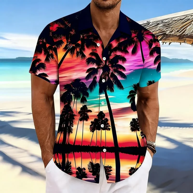 Men's Artistic Tropical Palm Tree Print Shirt, Vibrant Sunset Graphic For Beach Trip, Summer Holiday & Relaxing Daily Wear