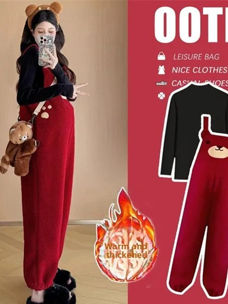 

Красный зимний комбинезон из овечьего флиса для беременных, утепленный, в корейском стиле, с милым рисунком медведя