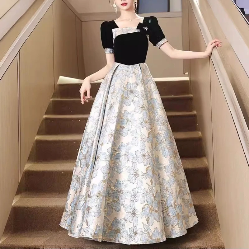 Customized Elegant French Sqaure Collar Short Sleeve Graduation Vestidos High End Luxury Floer Print Evening Gown Temperament Dr