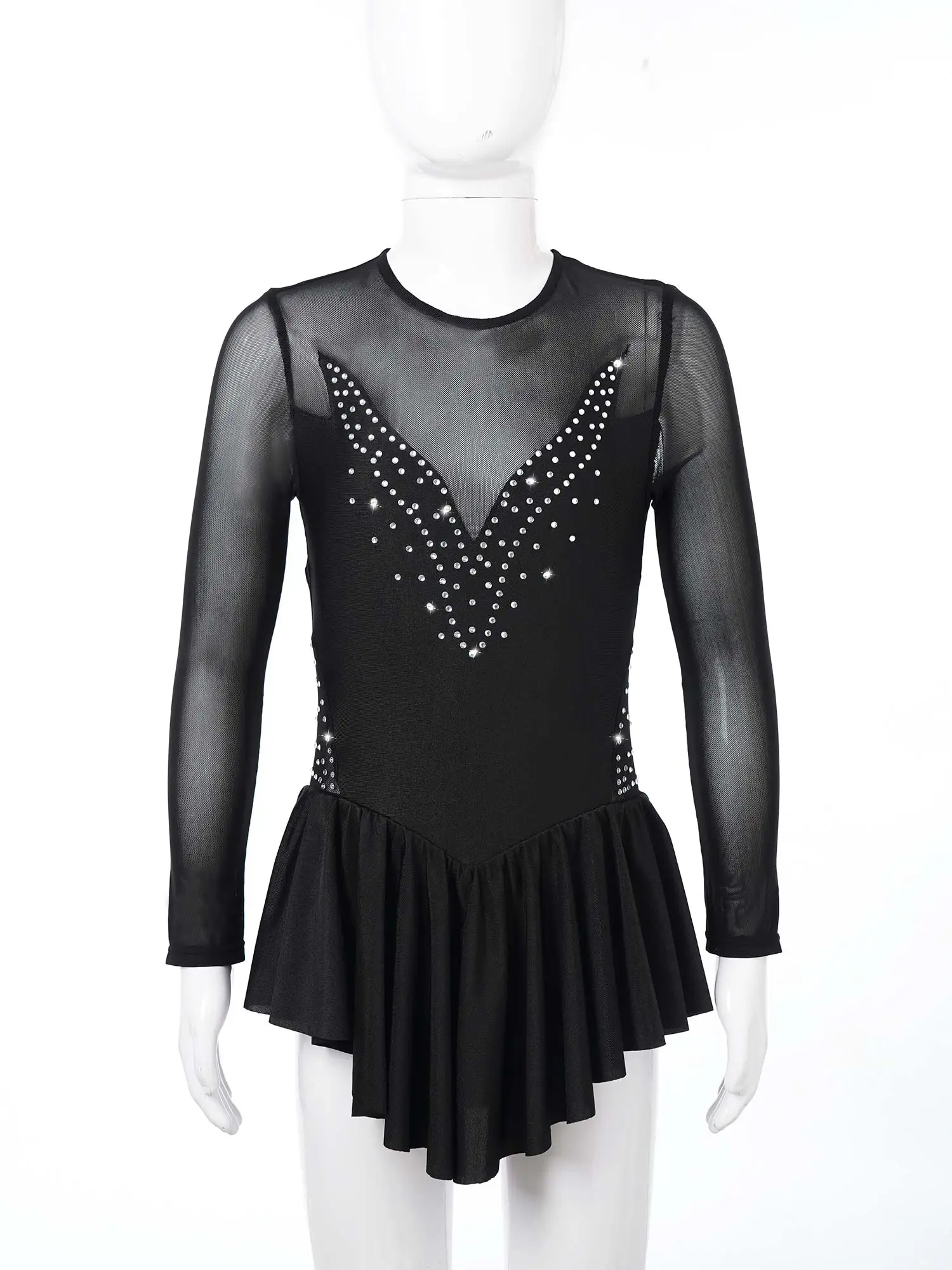 Kids Girls Rhinestone Mesh Long Sleeve Figure Skating Dress Artistic Gymnastic Training Performance Ballet Dance Leotard Dress