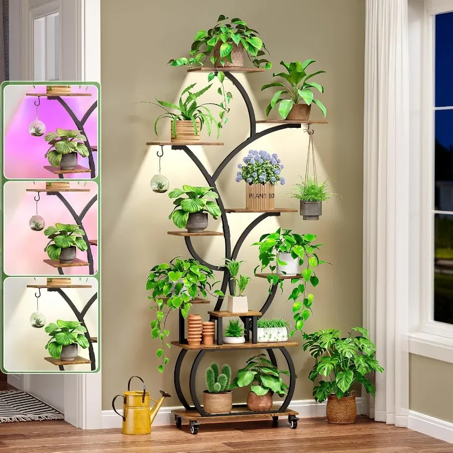 10-Tier 61" Plant Stand with 4-Head Full-Spectrum Grow Lights, Lockable Wheels & Waterproof Metal Shelves for Indoor Plants, Living Room, Balcony