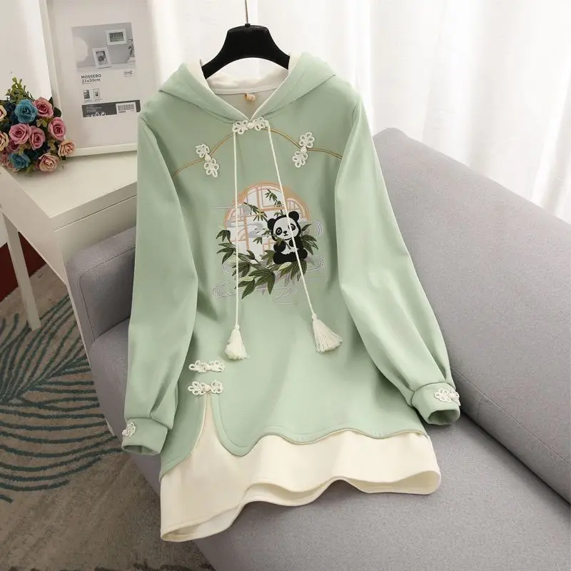 Chinese Style Cheongsam Dress Panda Print Improved Traditional Style Hooded Sweate Daily DressesThick Women Autumn Winter Dress