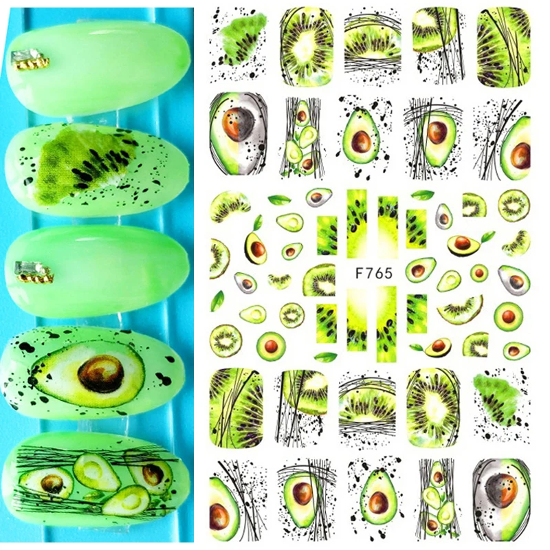 Nail Art Decals Geometric Lines Avocado Orange Fruits Back Glue Nail Stickers Decoration For Nail Tips Beauty