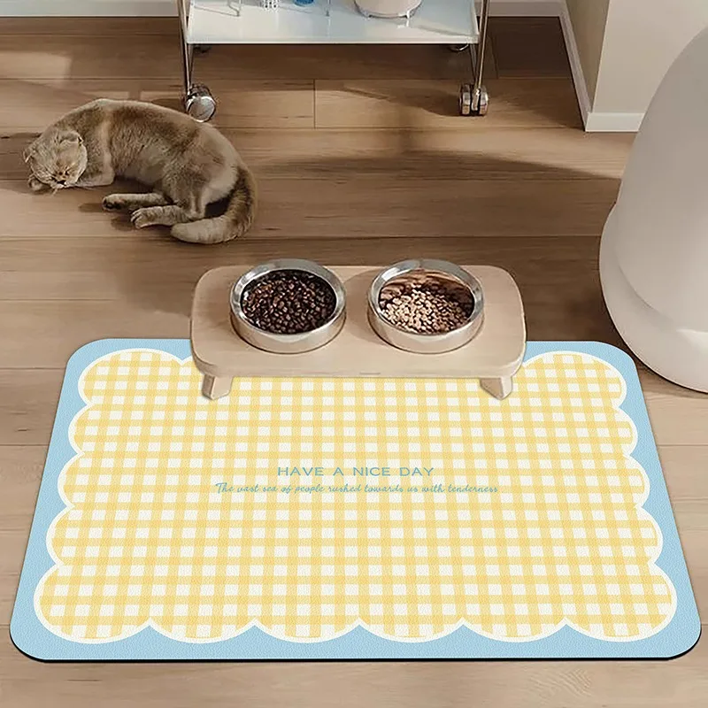 

Pet Waterproof Carpet Cat Dog Eating Mat Yellow Plaid Pvc Leather Non-slip Floor Mats Cute Sweet Home Decoration Rug for Kitchen