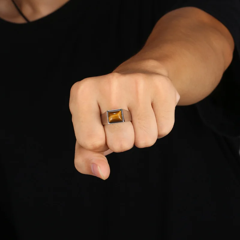 Classic Men\'s Square Natural Tiger Eye Stone Ring Simple Fashion Silver Color 316L Stainless Steel Engagement Jewelry for Men
