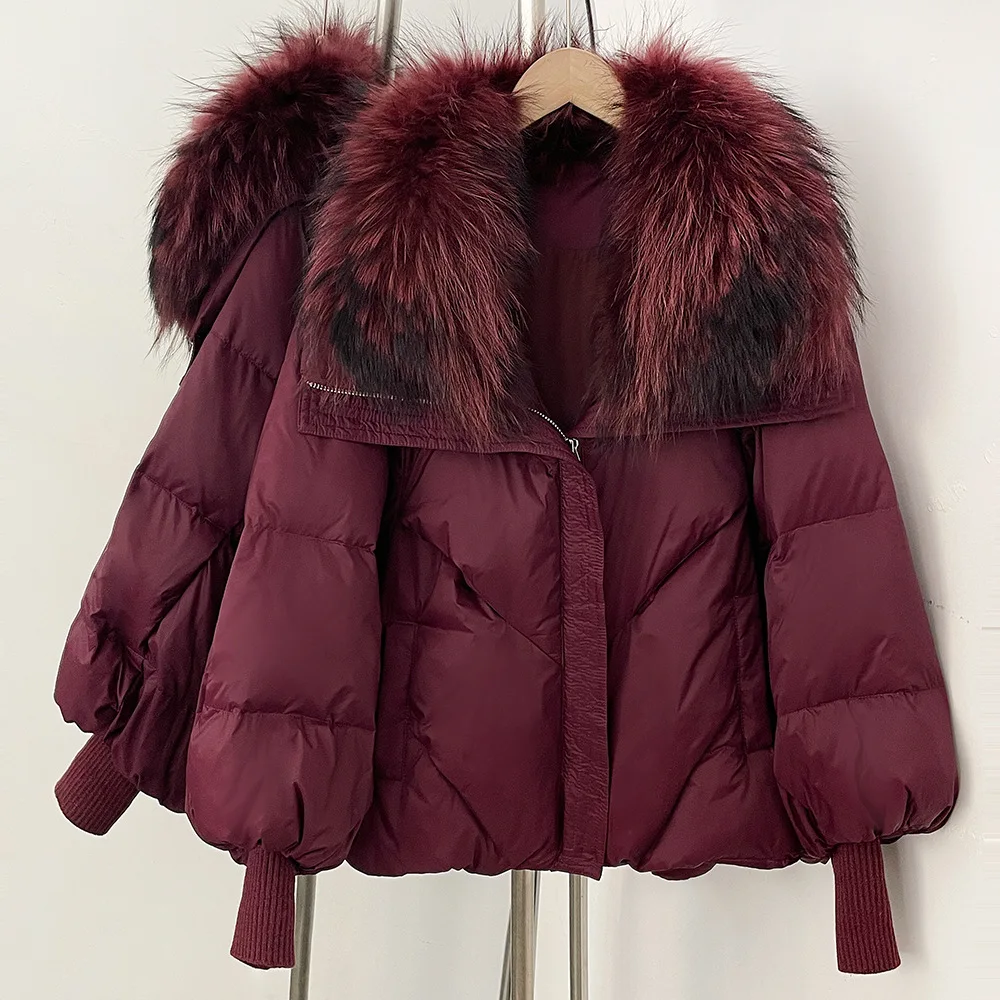 Parka de plumón de pato blanco para mujer, chaqueta acolchada con capucha de piel auténtica grande, Parka gruesa, abrigo cálido de manga tejida, novedad de invierno 2026