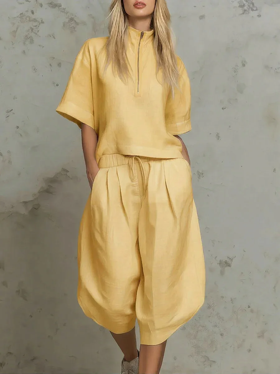

Women Fashion 2 Piece Set New Half Zip Short Sleeve Top + Casual Shorts Sprot Set Summer Loose High Street Daily Outfit Vacation