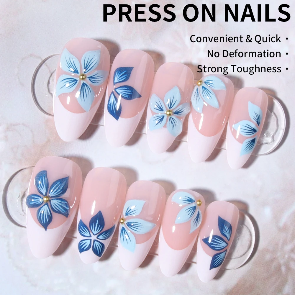 24 peças de amêndoa 3d gel flor branca ponta francesa imprensa em unhas, cabe perfeitamente conjunto de unhas falsas acrílicas, contém 1 peça de cola gelatinosa e 1p