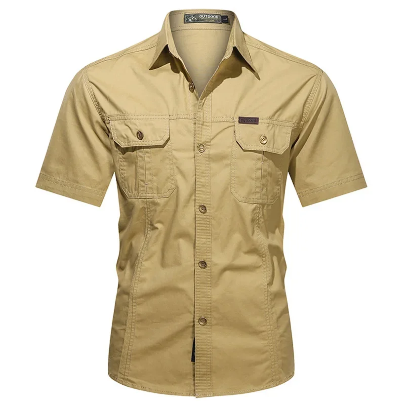 Polo militar de algodón puro con botones para hombre, de manga corta camisa de vestir, ropa informal de negocios, ropa de carga de Golf, Verano