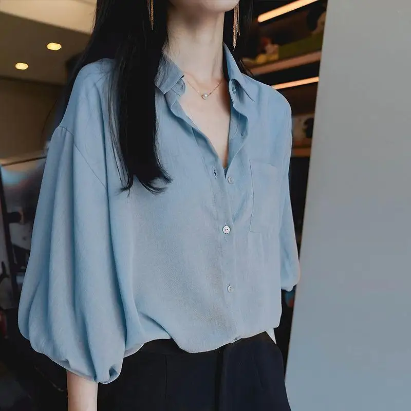 2024 Summer New Korean Short sleeved Shirt Women's Chiffon Lantern Sleeve Top Retro Loose Solid Color Shirt Trend