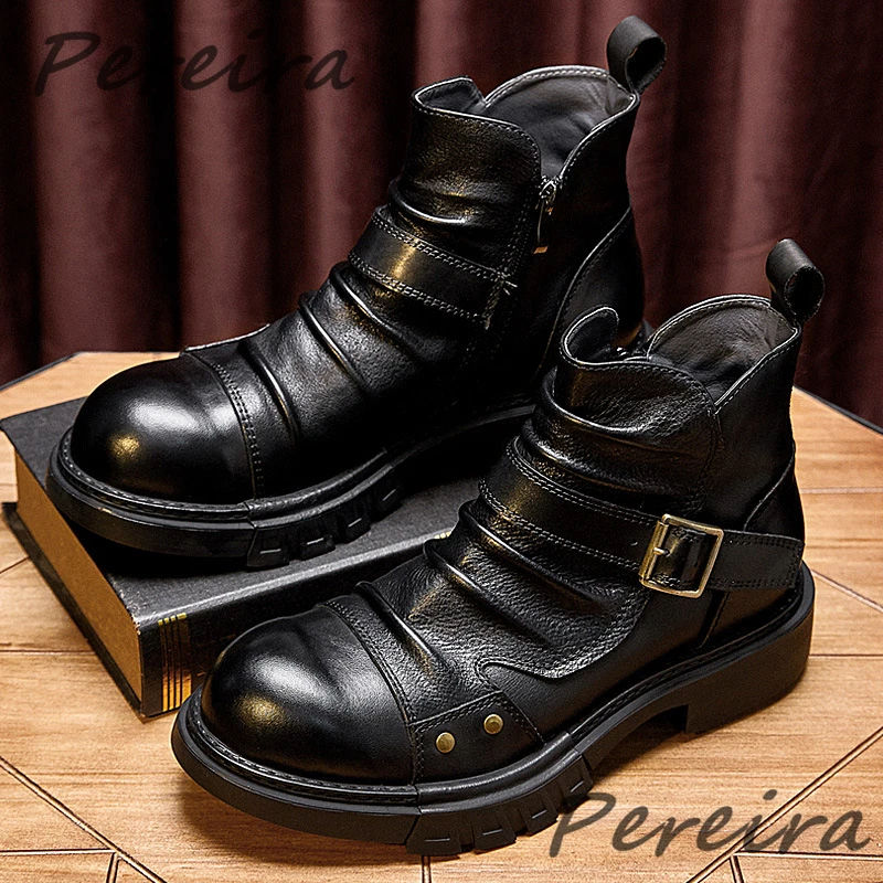 Retro Pleat Genuine Leather Motorcycle Boots British Style Side Zipper Workwear Handmade Chelsea Boots Fashion Men's Shoes