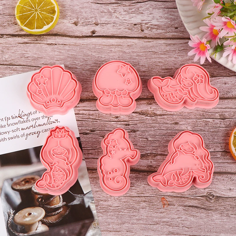 6Pcs/Set Mermaid Shell Seahorse Cookie Mould DIY Plastic Fondant Cake Mold Cartoon Biscuit Cookie Cutters Decorating Tools