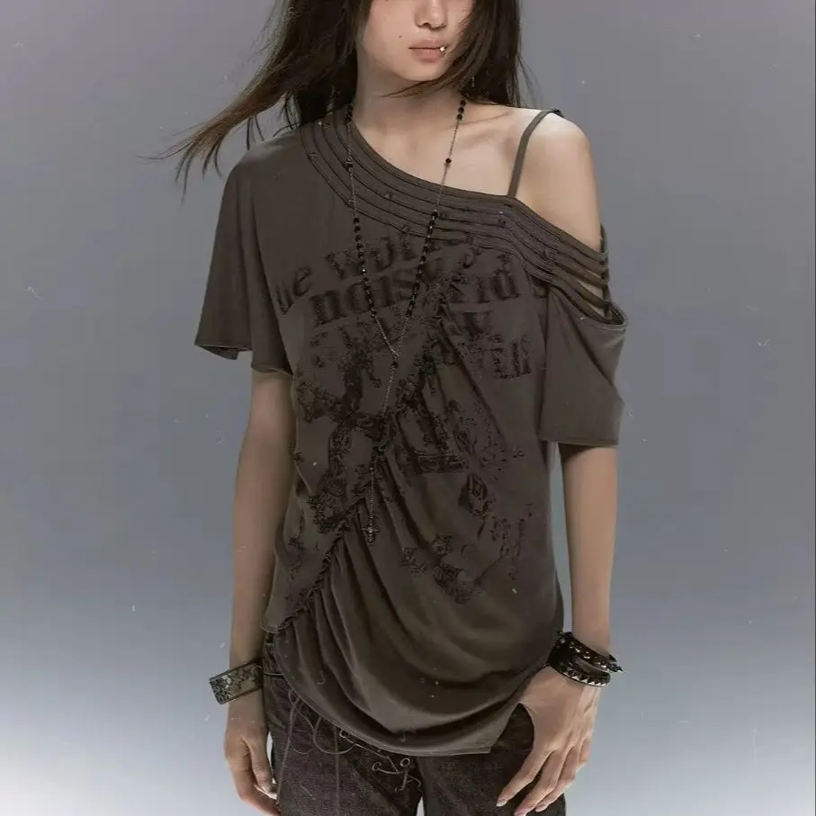 Cestnous Irregular Gothic Design Urban Modern Printed Slash Crew Neck Loose Lazy Casual T Shirt Top Shirts Summer