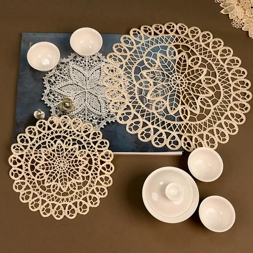 Non Slip Lace Mats for Furniture Protection Round Floral Lace Doily Set Embroidered Coaster Place Mats for Teapot for Dining