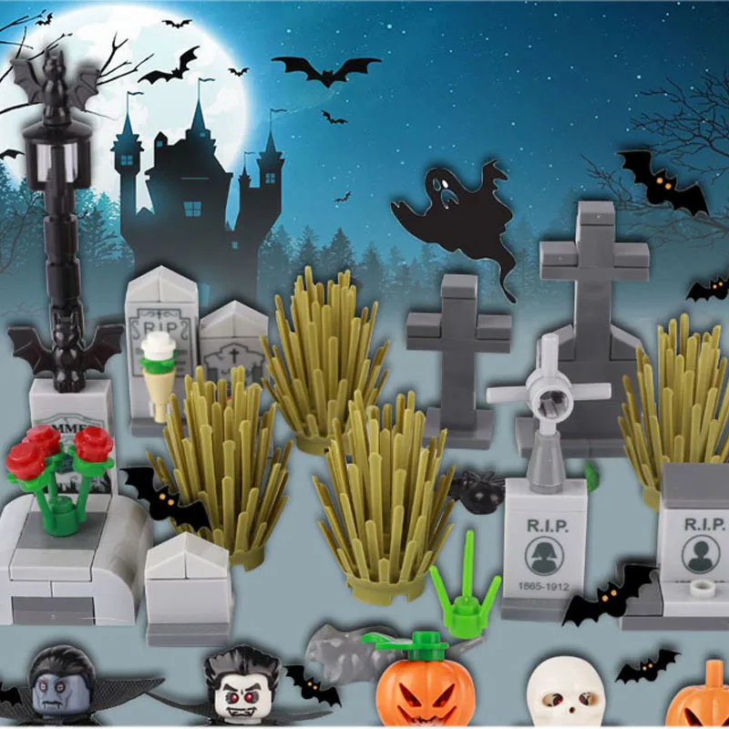 

City Friends Halloween Cemetery Building Blocks Tombstone Ghost Zombie Skeleton Soldier Figures MOC Accessories Bricks Toys Gift