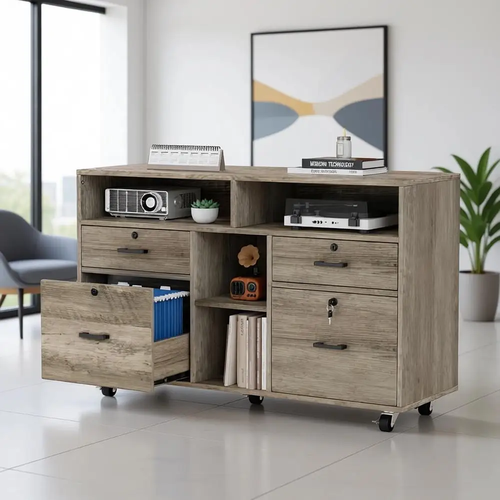 

Серый передвижной шкаф в деревенском стиле с 4 широкими выдвижными ящиками, открытыми полками и запираемой подставкой для принтера формата Letter.