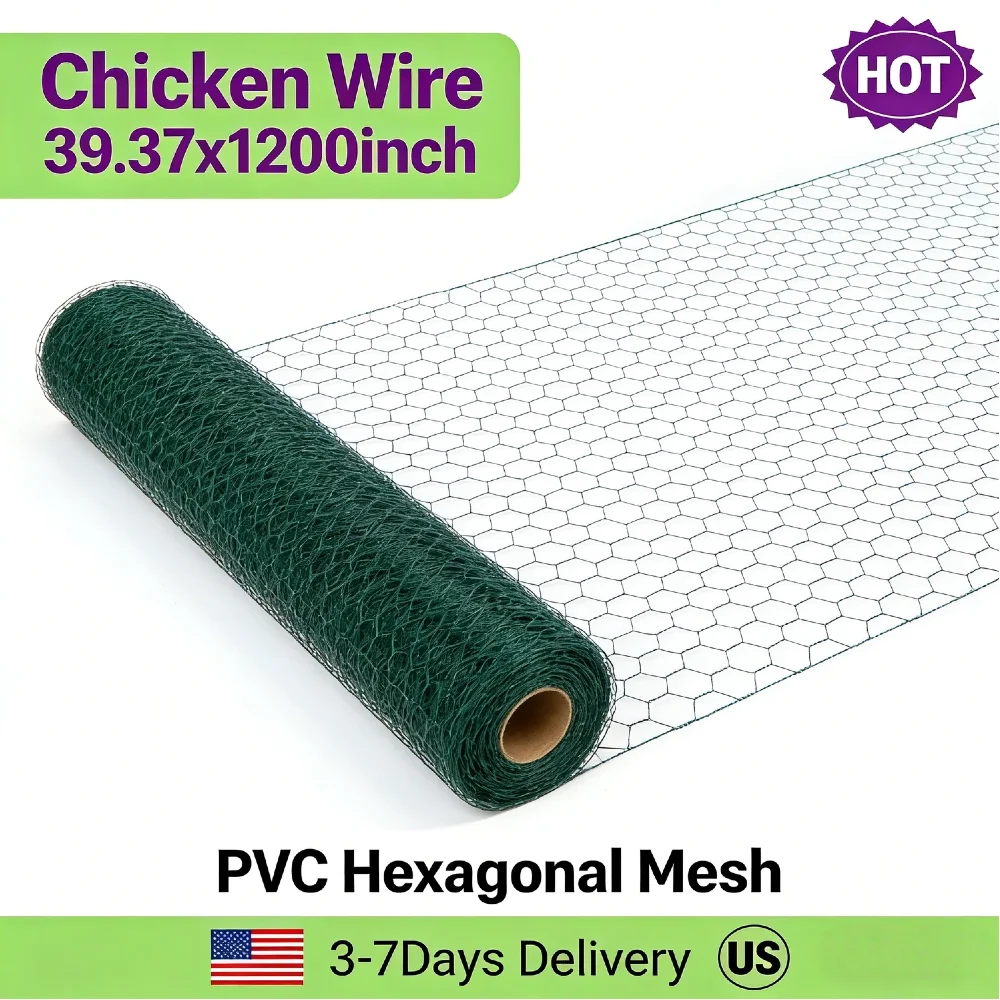 

Chicken Wire Fence Netting 39.37x1200in PVC-Coated Galvanized Iron Hexagonal Mesh Anti-Rust for Chicken Coop Rabbit Garden Craft