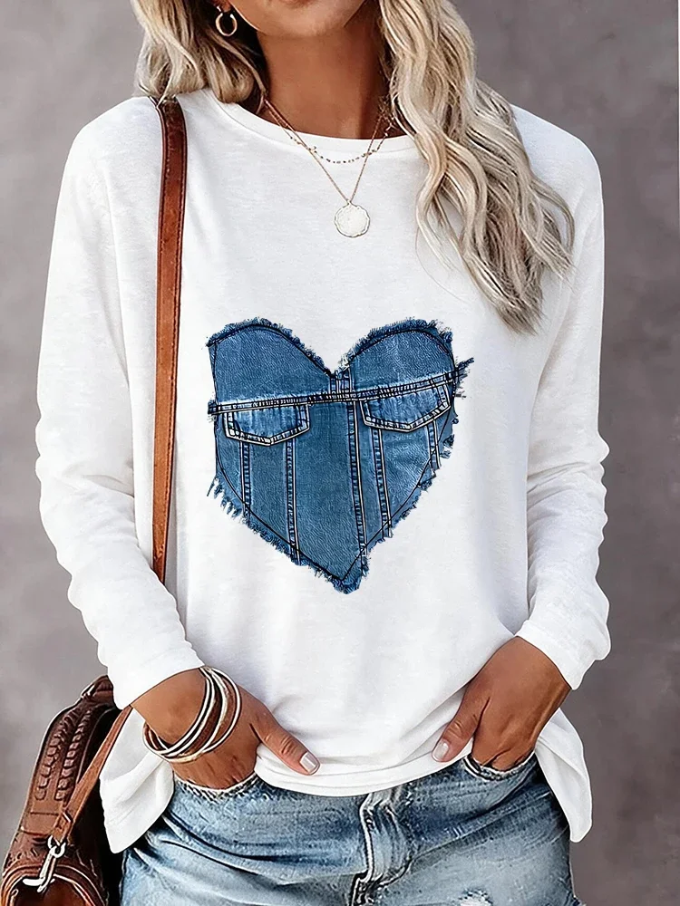 T-shirt à manches longues et col rond pour femmes, avec motif en forme de cœur, style vintage, t-shirt graphique, hauts de style Y2K, vêtements pour un look quotidien, inspiré des années 90.
