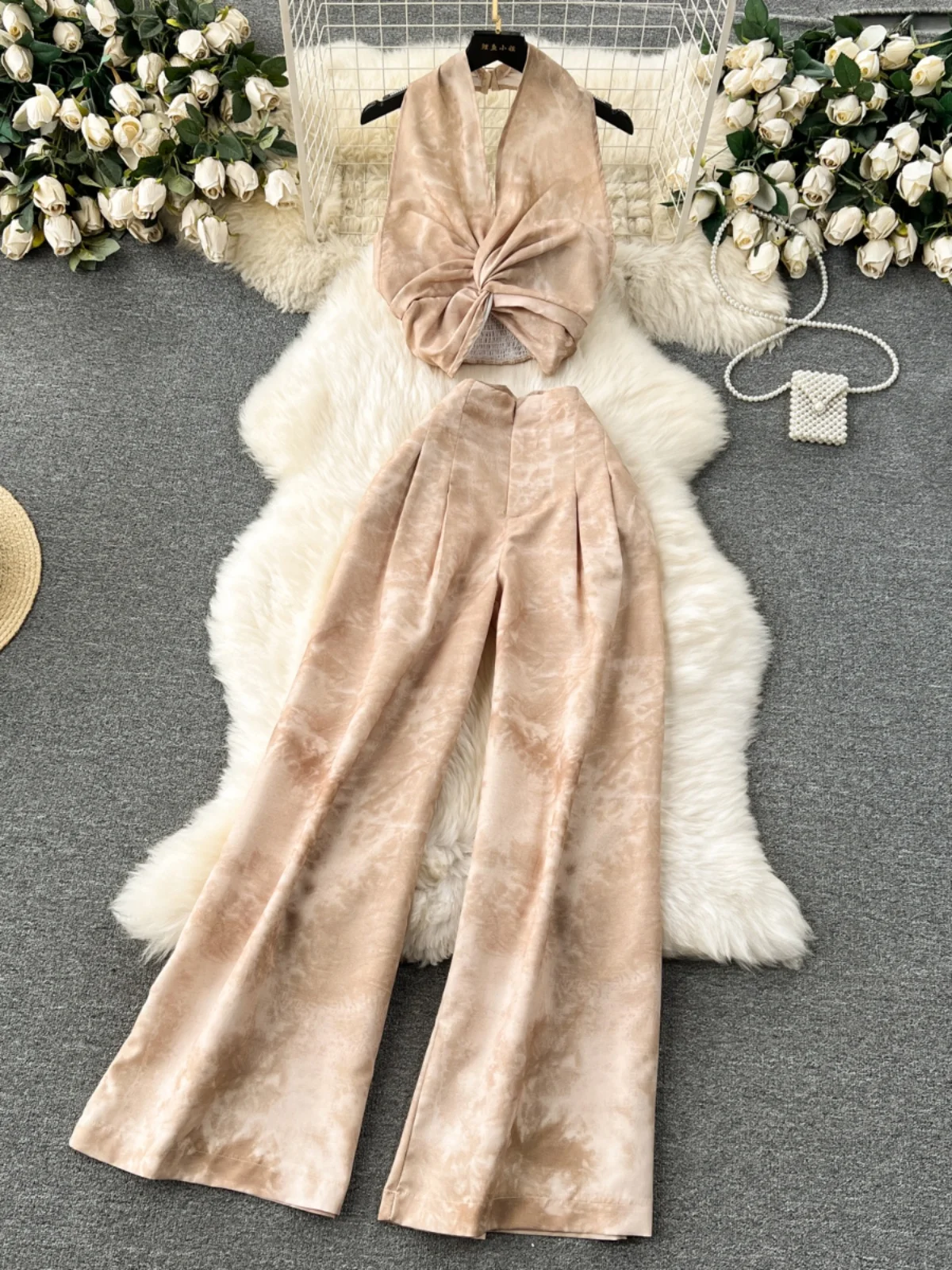 

New Chinese Sle High Waist Wide Leg Pants Women's Svel Ne Hanging Top plus Casual Faion Set Two-Piece Suit