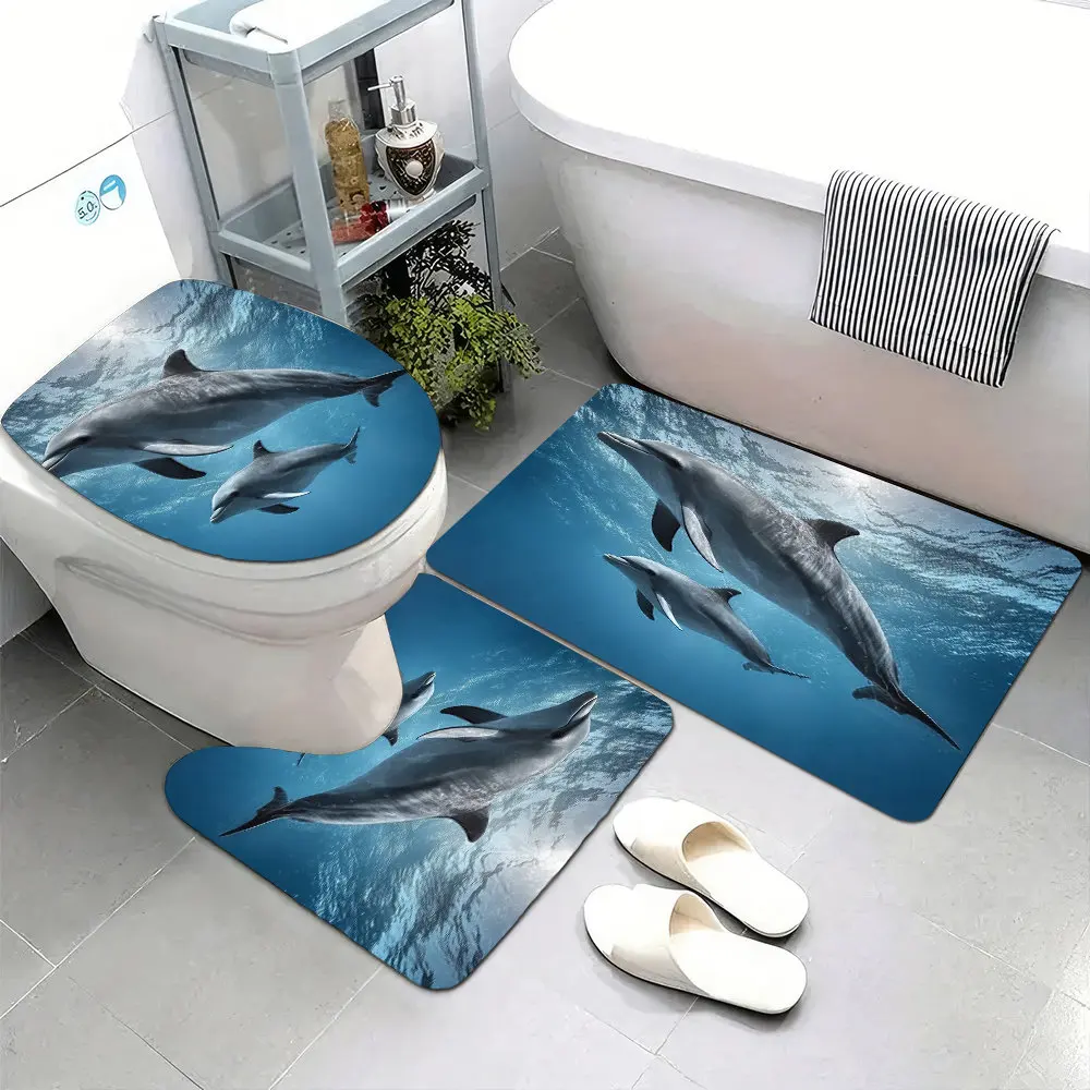 

Набор из 3 супермягких ковриков для ванной комнаты, с нескользящей основой, с изображением дельфина, матери и детеныша, плавающих в океане под водой, фотопринт.