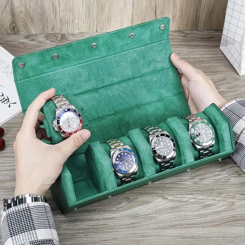 Watch Traval Case Box Organizer 4 Slots Genuine Leather Portable Zipper Watch Case Bracelet Green Display Box