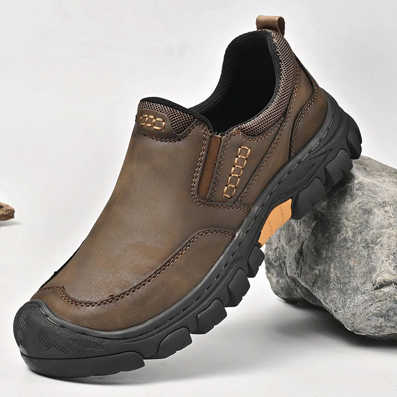 Men PU Rubber Thick Sole Outdoor Walking Shoes New Hand Stitched Man Hiking Footwear Wear-resistant Non-slip Casual Leather Shoe