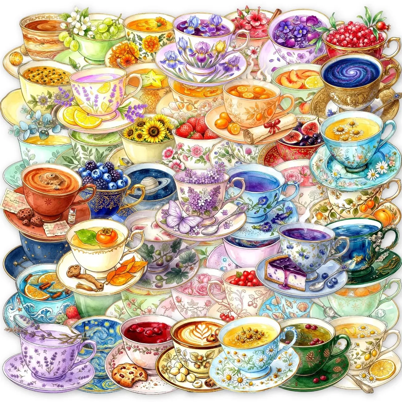 50Pcs Transparent PET Tea Cup Stickers Cozy Floral Drink Aesthetic Stickers for Journal Scrapbook Laptop & DIY Craft