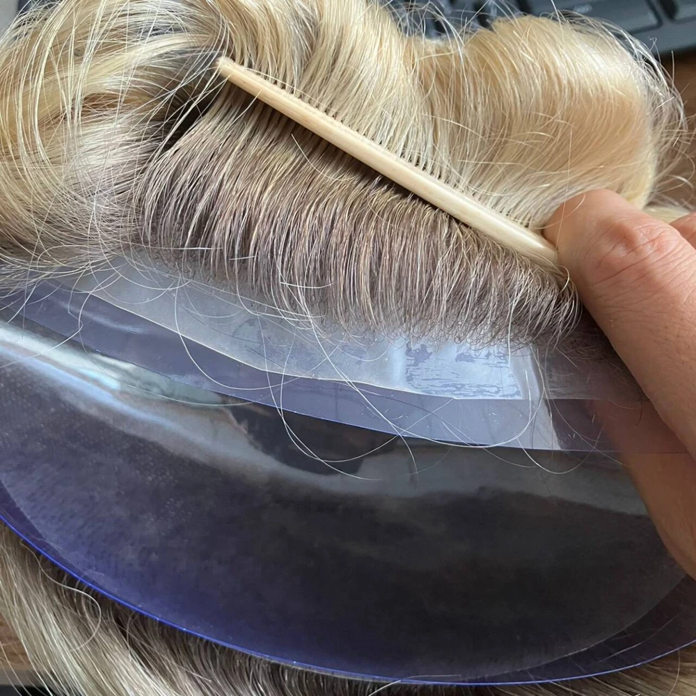 Durable Thin Skin Ombre Blonde 100% Human Hair Toupee for Male Straight/Wavy Vlooped Long Last 0.06mm Poly Skin Capillary Wig