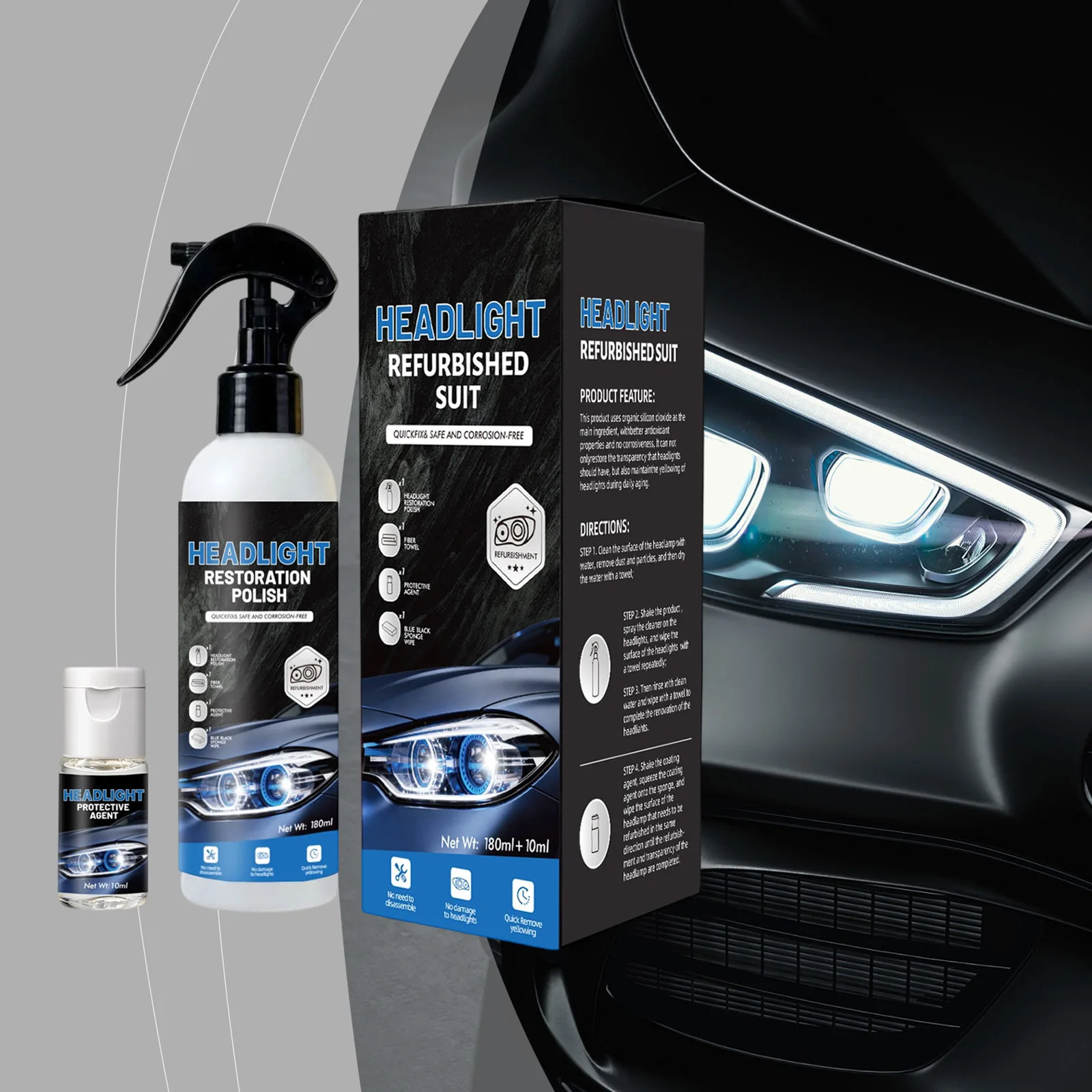 Cars Headlight Restoration Kits Multi Purpose Cars Light Refurbisher 180ml+10ml for Improving Night Driving Visibility