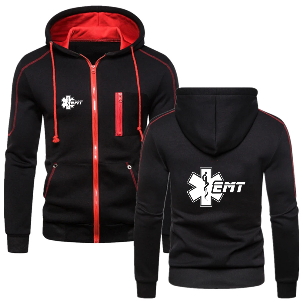 

EMT Paramedic Emergency Medical 2023 Men's New Zipper Hoodies Multi-zip Slim Hooded Jacket Casual Long Sleeves Sweatshirts Tops