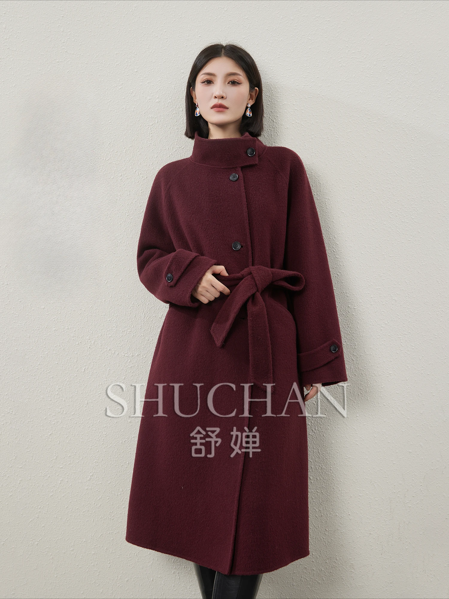 

Elegance All-wool Double-faced Stand-up Collar, Long Coat with Belt Casaco Feminino Abrigos Mujer Jacket Women