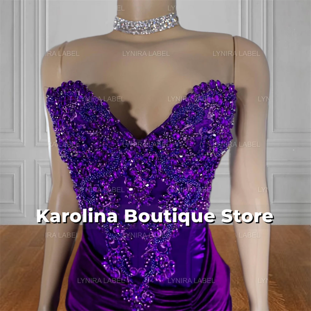 Strapless Dark Purple Velvet Mermaid Prom Dresses High Split Crystal Beading 2024 Birthday Luxury Dress Black Girls Customized