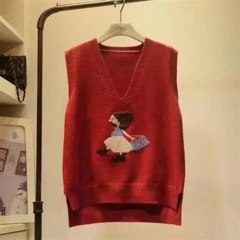 

Cartoon Knitted Woolen Vest Women's Sleeveless V-Neck Sweater Autumn Commute Style Regular Length No Button Pure Color