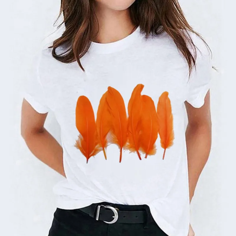 New Feather Print Watercolor Pattern Women's Top Short Sleeve T-shirt Base Harajuku  Women Clothes  Aesthetic Clothes T Shirts