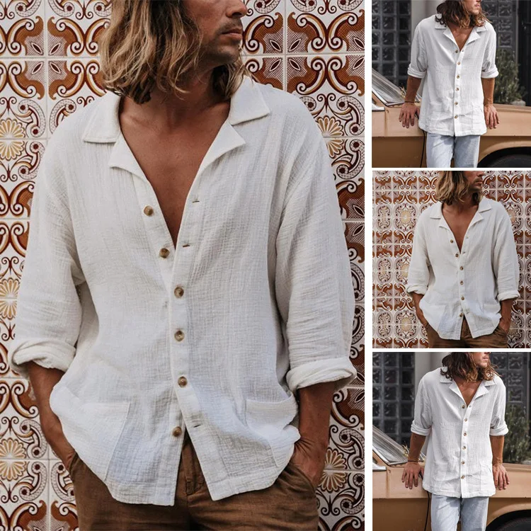 New Double-layer Wrinkled Men's Loose Casual Cuban Collar Lapel Shirt Men's Solid Color Comfortable Shirt