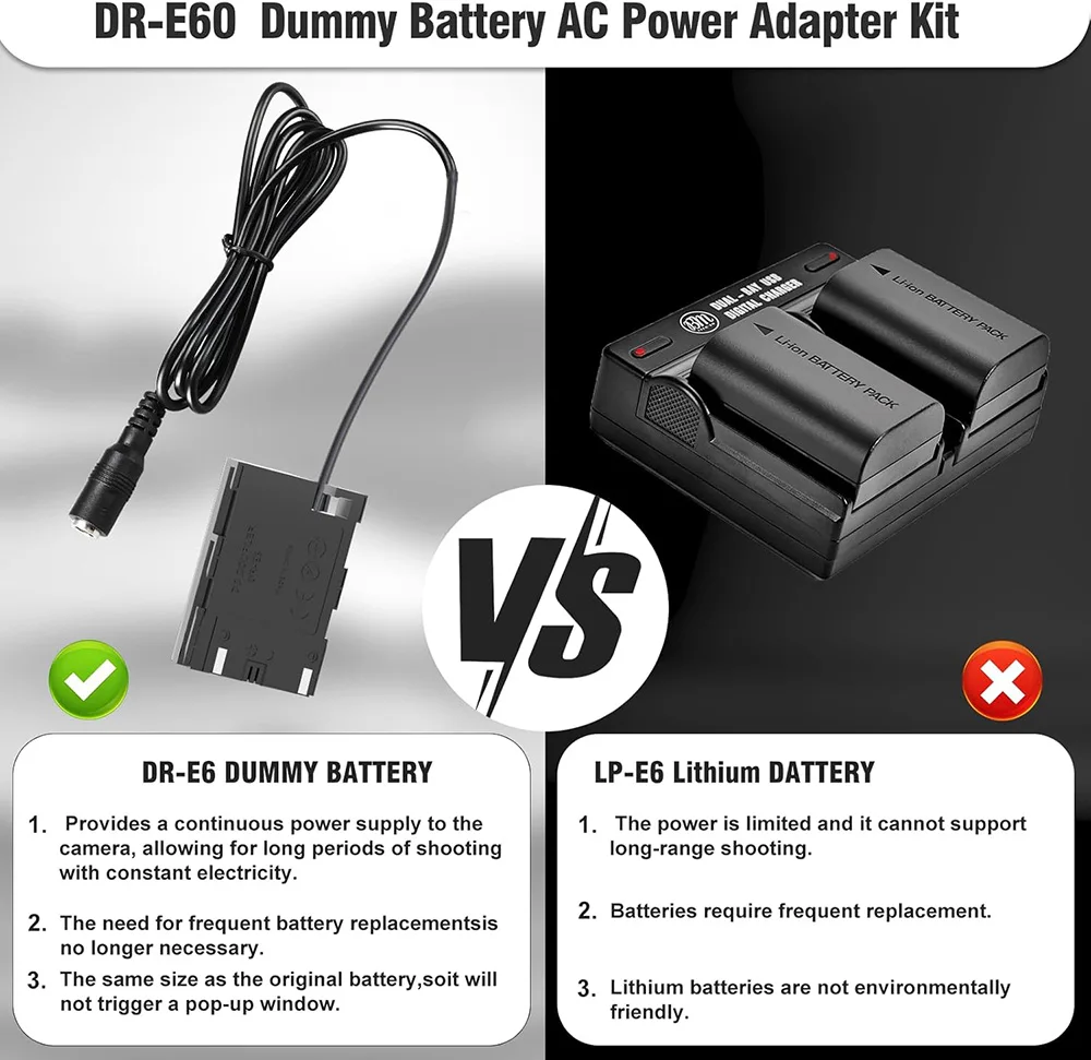 ACK-E6 DR-E6 Replacement AC Power Adapter LP-E6 Dummy Battery Coupler kit for Canon EOS 90D 80D 70D 60D 60Da 5DS  5D Mark II etc view 4