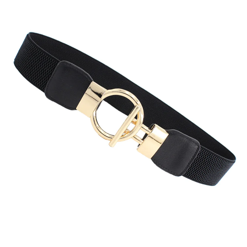 1 قطعة حزام خصر نسائي أسود عريض من البولي يوريثان بإبزيم مستدير ذهبي حزام خصر قابل للتمدد إكسسوار أنيق لفساتين الجينز