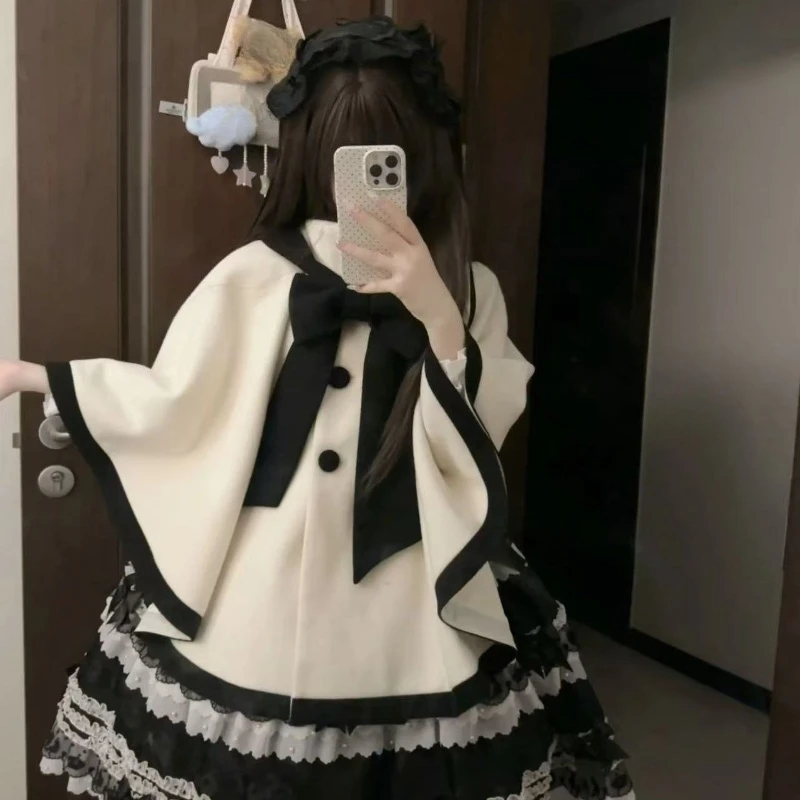 

Милый кавайный плащ в стиле Лолиты, японский милый бант, модные Y2k, эстетические накидки с высоким воротником, свободные повседневные женские топы, уличная одежда