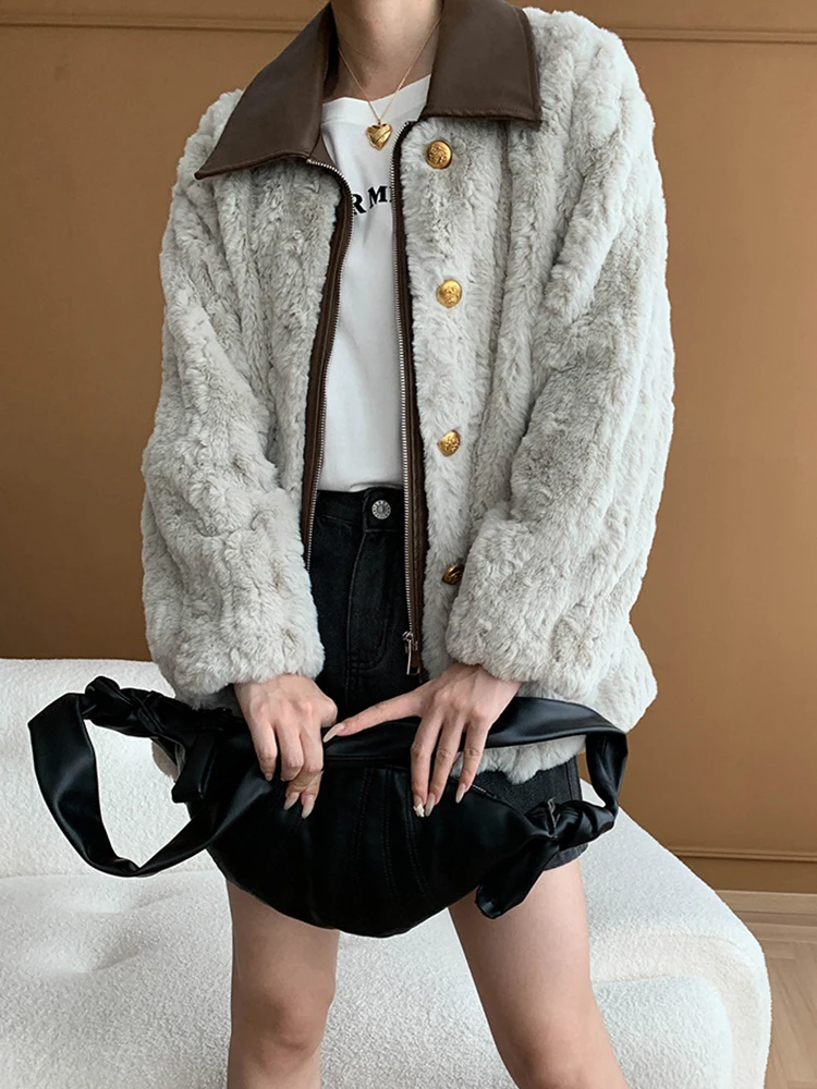 [LANMREM] Spliced Contrast Color Faux Fur Coat For Women Lapel Zipper Long Sleeve Fashion Tops 2024 Autumn New Jackets 26C116