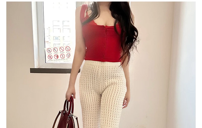 Hollow Out Sexy Open Crotch Woman's Knitting Leggings Fashion See Through Pleated Beige Trousers Crotchless Wide Leg Clubwear
