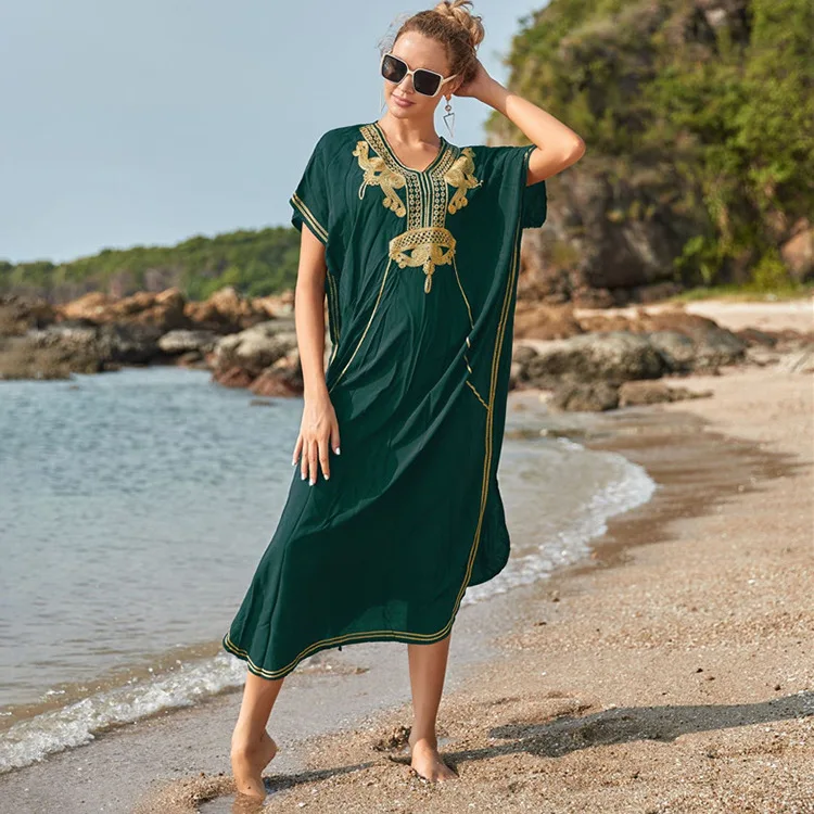 Short Sleeve Kaftan Dress for Women Loose V Neck Embroidery Bikini Cover Up Plus Size